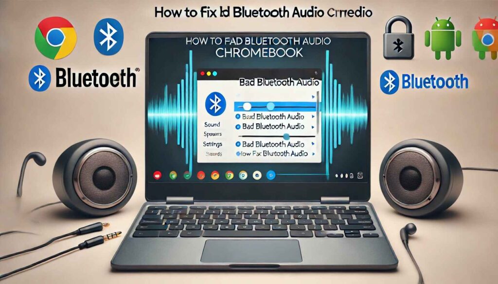  Chromebook with Bluetooth speakers connected, displaying an audio troubleshooting window to fix bad Bluetooth audio issues.