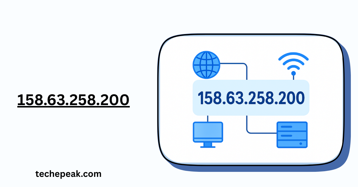 Illustration of the IP address 158.63.258.200 with a digital network background.