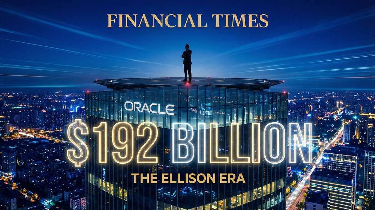 Larry Ellison net worth - Oracle billionaire standing atop a skyscraper with $192 billion displayed