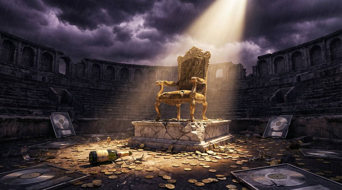 A crumbling golden throne surrounded by scattered gold coins and platinum records, symbolizing the collapse of Diddy's empire