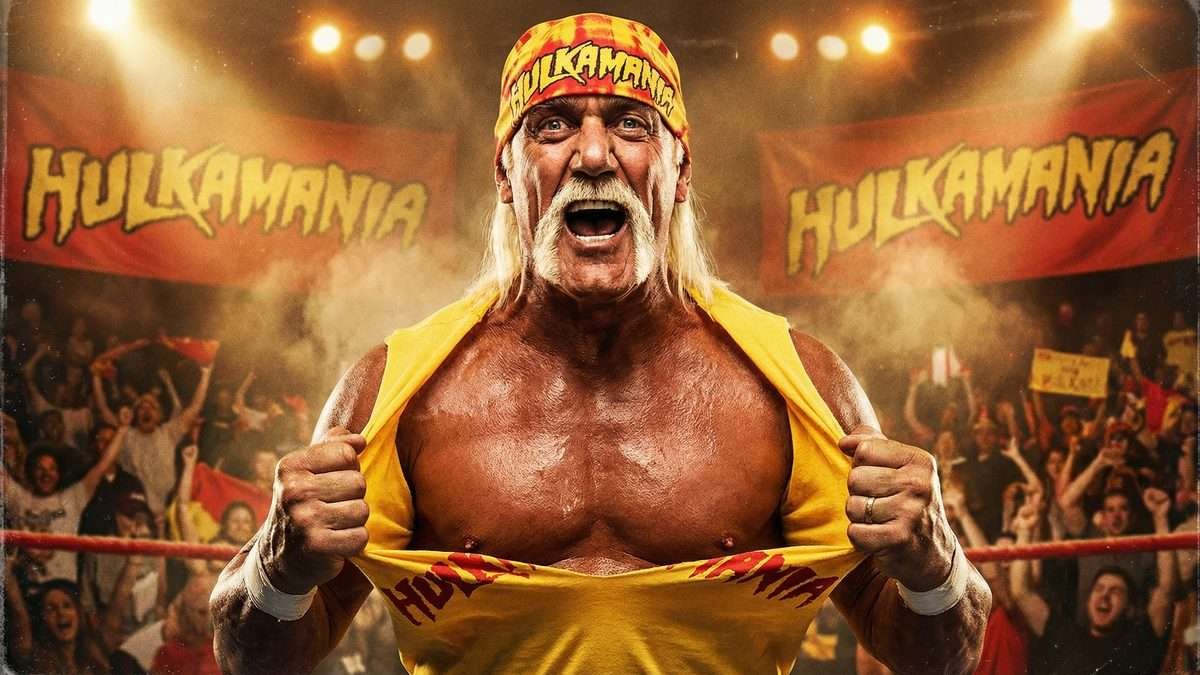 Hulk Hogan tearing his shirt in a packed wrestling arena, the iconic Hulkamania moment