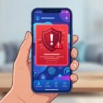 smartphone screen displaying a scam warning alert in a digital banking app with shield warning icon