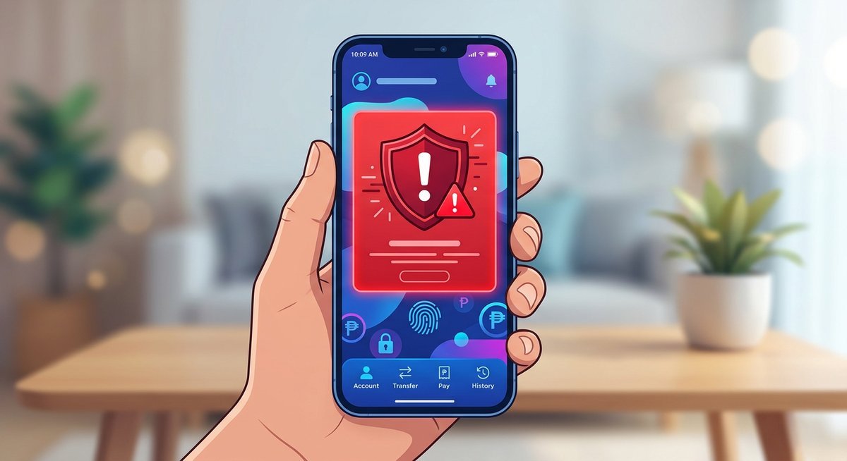 smartphone screen displaying a scam warning alert in a digital banking app with shield warning icon