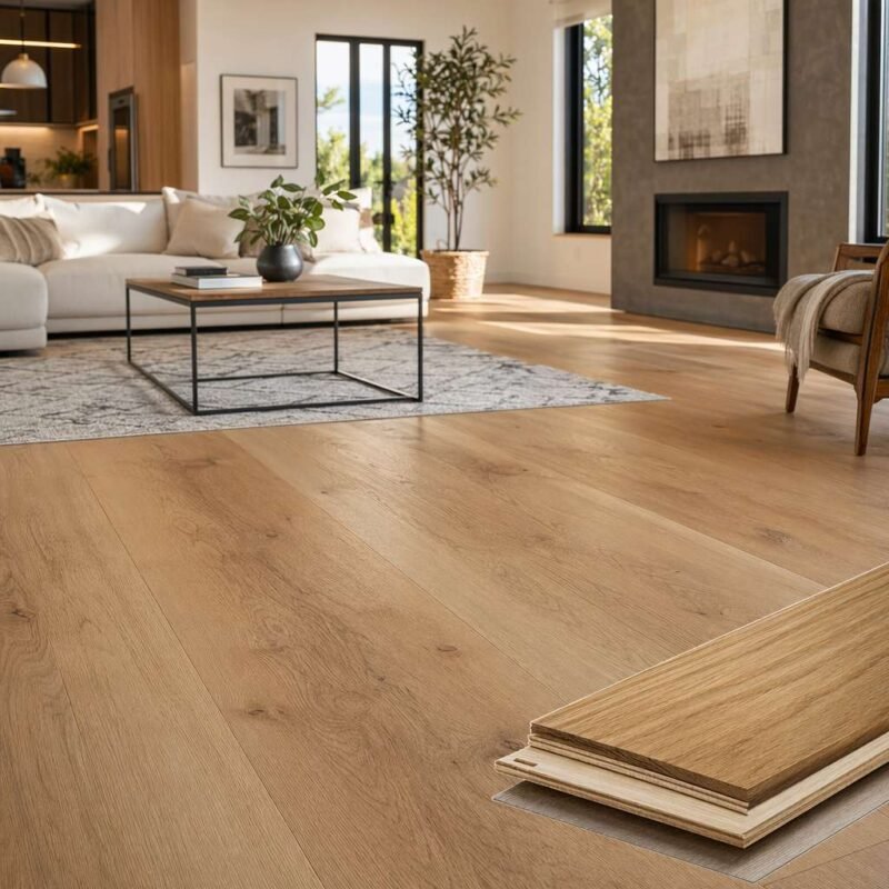 Wide plank engineered wood flooring installed in a bright modern living room with warm oak tones and natural grain texture