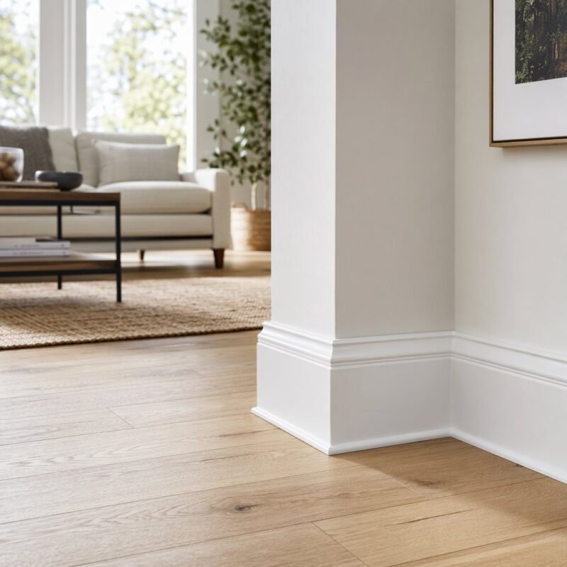 White baseboards meeting light oak hardwood floor showing clean trim profile in modern living room