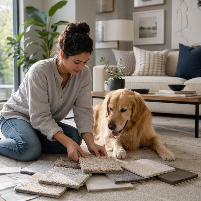 Pet owner and golden retriever examining carpet swatches on living room floor, choosing the right carpet for pets