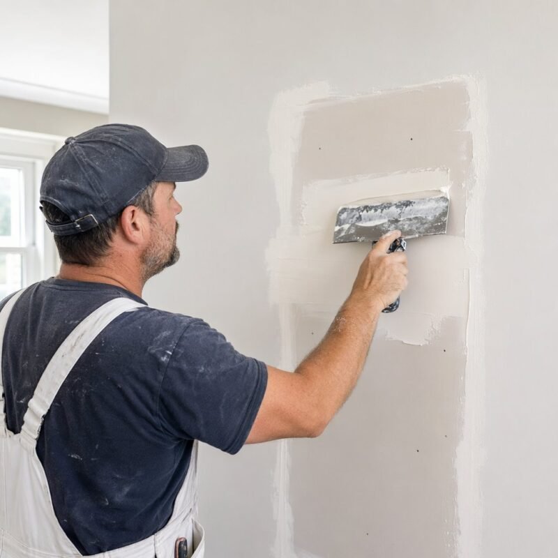 Person applying joint compound over a self-adhesive mesh patch on drywall, spreading with a wide taping knife