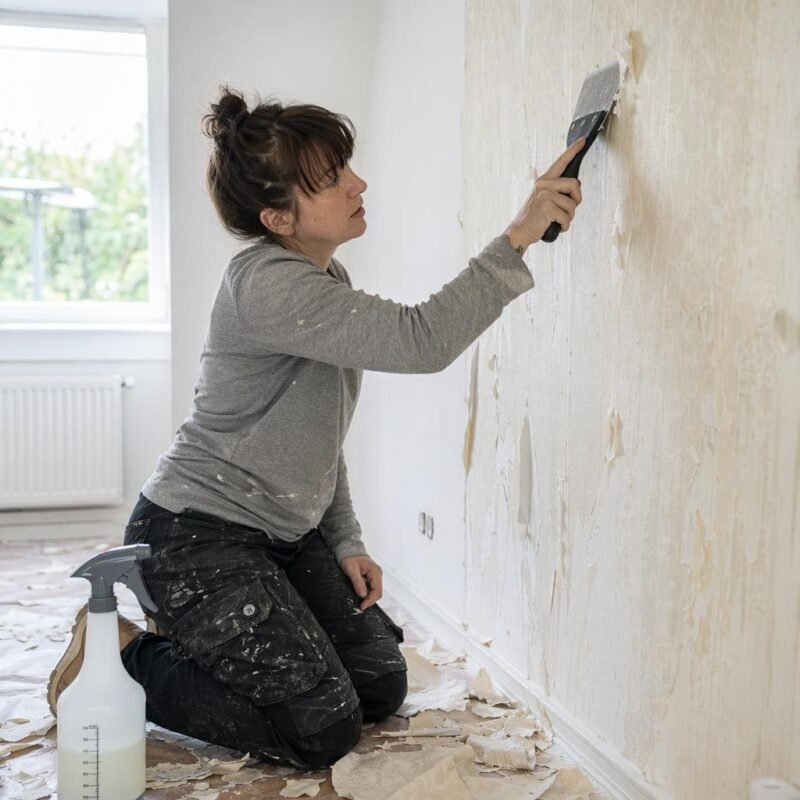 Person scraping wallpaper off a wall with a wide putty knife and spray bottle, showing how to remove wallpaper easily