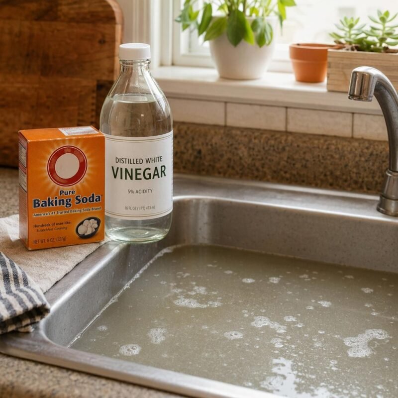 Kitchen sink with standing water next to baking soda and white vinegar for natural drain unclogging