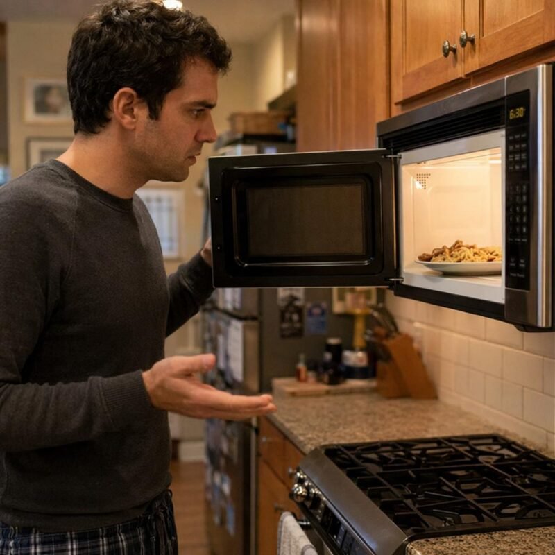 Person looking at a microwave with the door open, food still cold inside, troubleshooting why the microwave is running but not heating