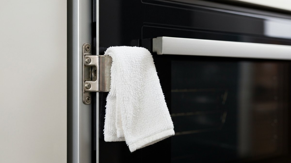 Oven door hinge spring reset technique with washcloth