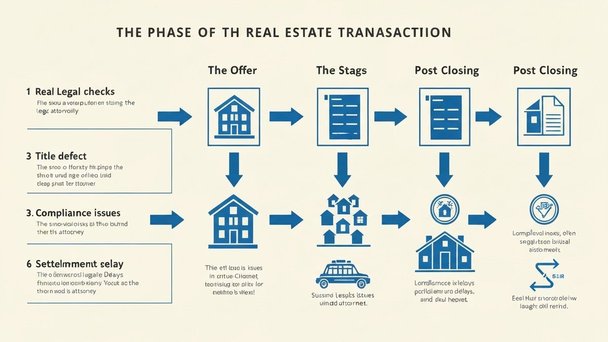 Real estate transaction timeline infographic showing attorney intervention points and risks without legal representation