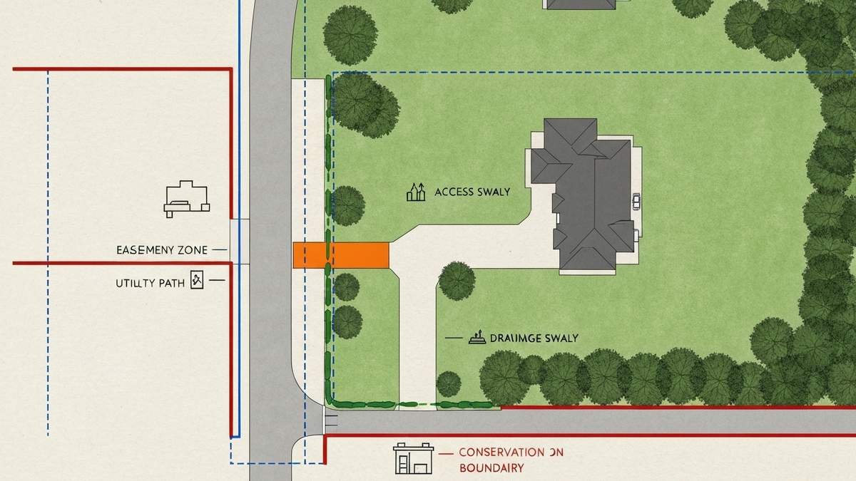 Property easement types aerial illustration showing utility access drainage and conservation boundaries on a residential lot