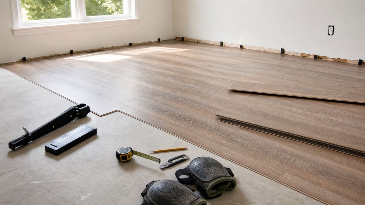 Vinyl plank flooring installation setup with planks, pull bar, tapping block, tape measure, knife, and knee pads
